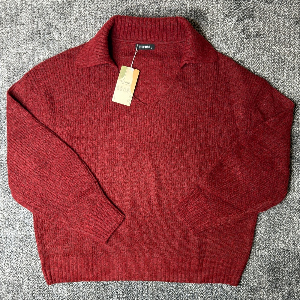 BTFBM Women Polo Collar V Neck Sweater Wine Red Ribbed Knit Long Sleeve XL NWT